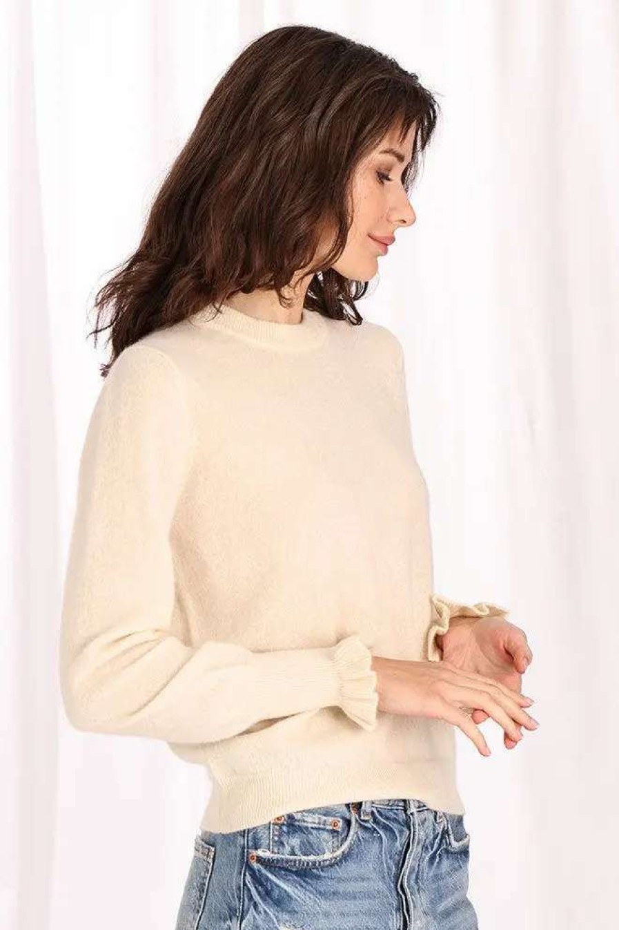 New Minnie Rose Cashmere Ruffled Cuff Crew