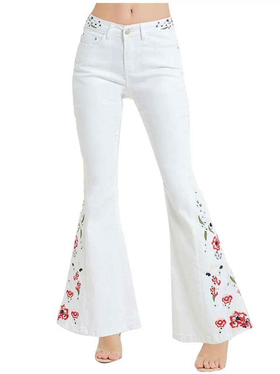 Online Anna-Kaci Floral Daisy Embroidered Mid Rise Bell Bottom Flare Frayed Hem Jeans