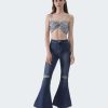 Hot Anna-Kaci Distressed High Waist Classic Denim Bell Bottom Jeans Dark Blue