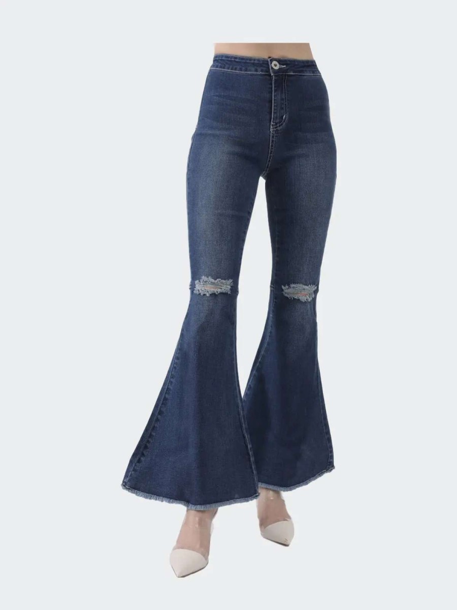 Hot Anna-Kaci Distressed High Waist Classic Denim Bell Bottom Jeans Dark Blue