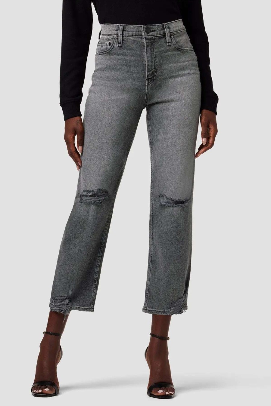 New Hudson Jeans Remi High-Rise Straight Crop Jean Stone Grey Destructed