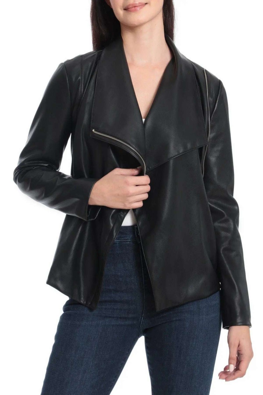 New Avec Les Filles Aux Leather Drape Jacket Black