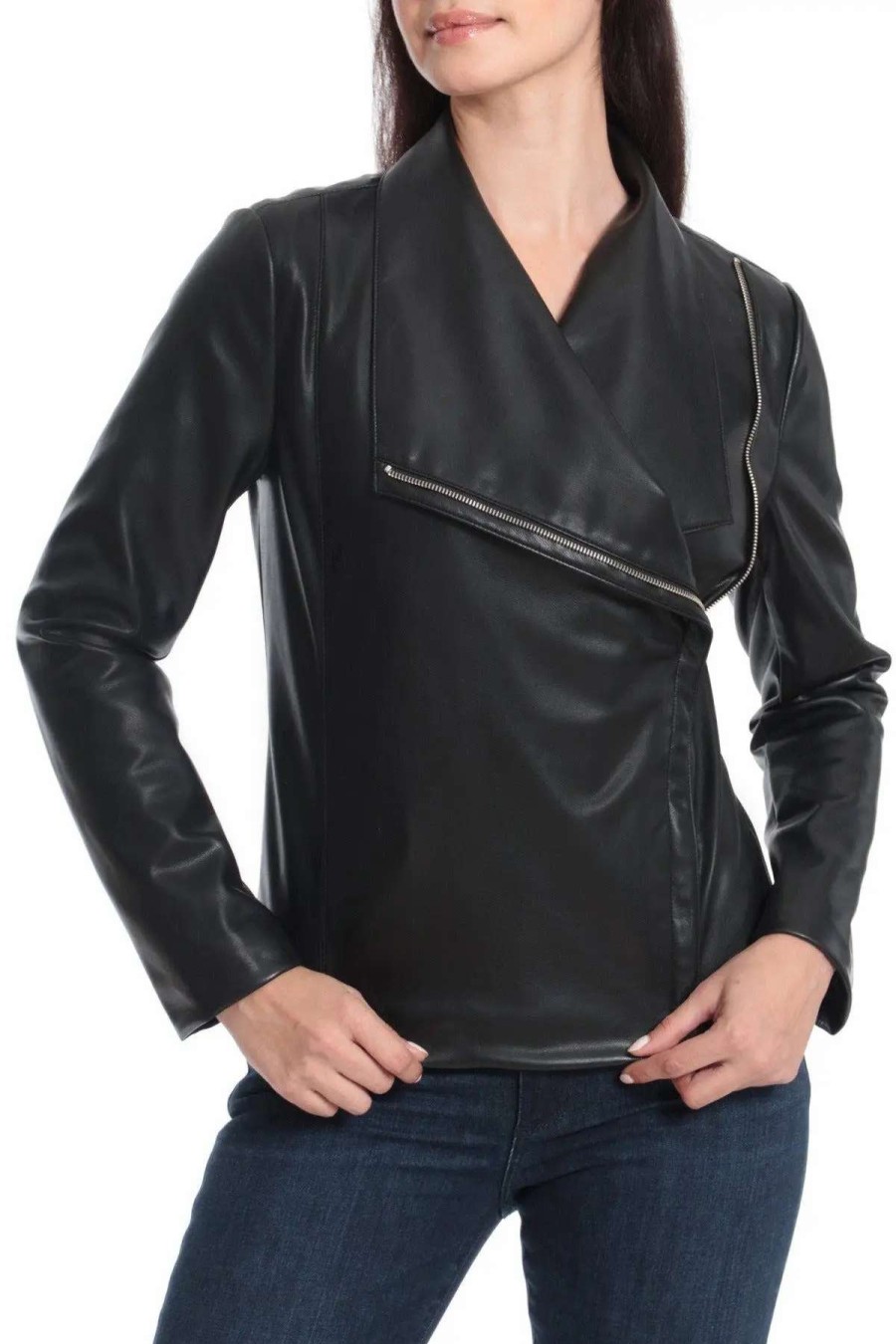 New Avec Les Filles Aux Leather Drape Jacket Black