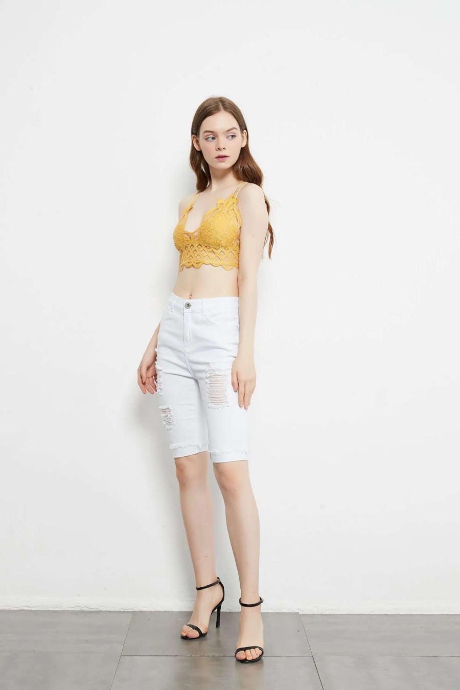 Clearance Anna-Kaci High Waisted Ripped Denim Shorts White