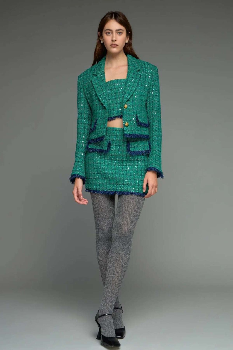 Best Endless Rose Premium Cropped Sequin Tweed Jacket Green/Navy