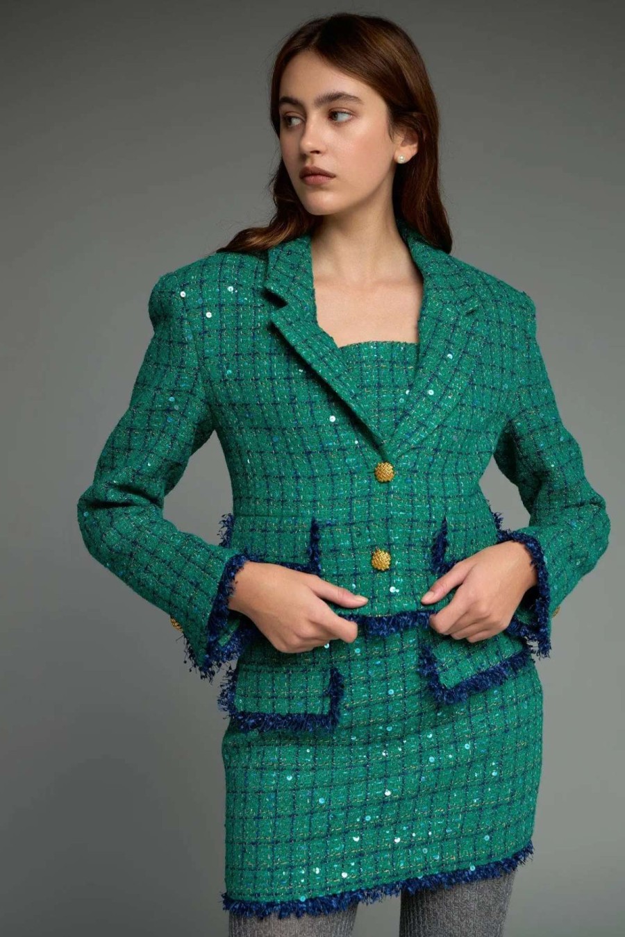 Best Endless Rose Premium Cropped Sequin Tweed Jacket Green/Navy