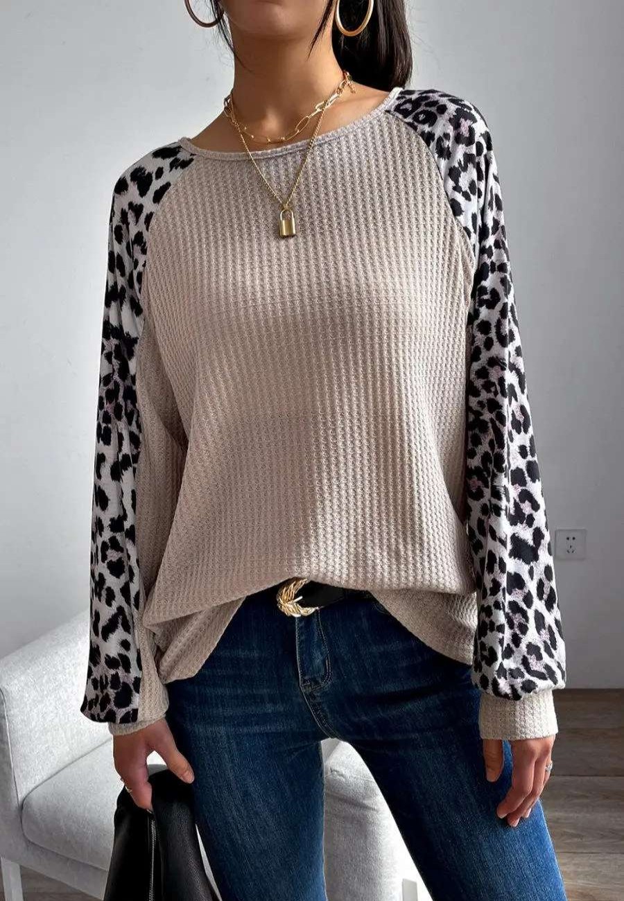 Online Anna-Kaci Waffle Knit Leopard Fall Sweater Beige