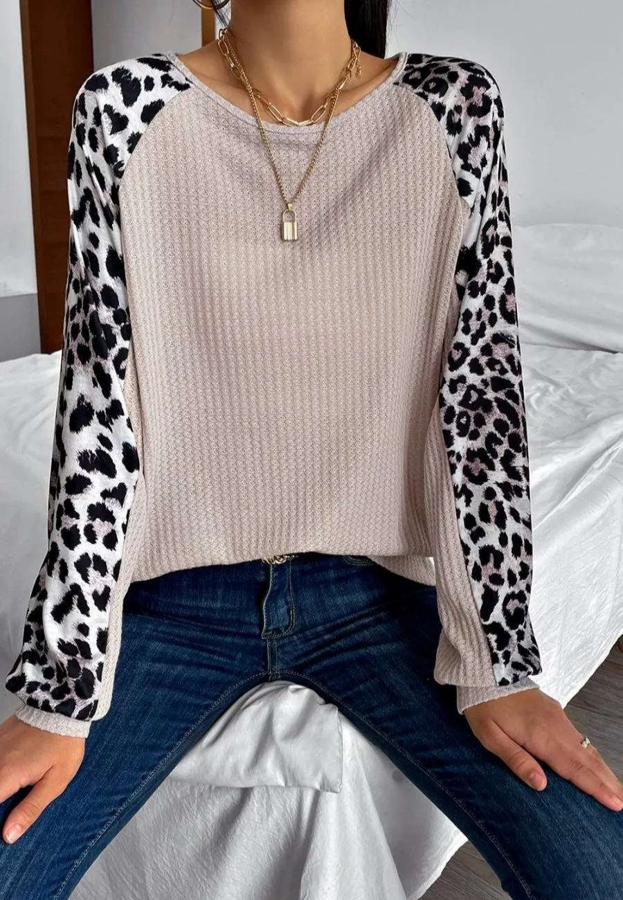 Online Anna-Kaci Waffle Knit Leopard Fall Sweater Beige