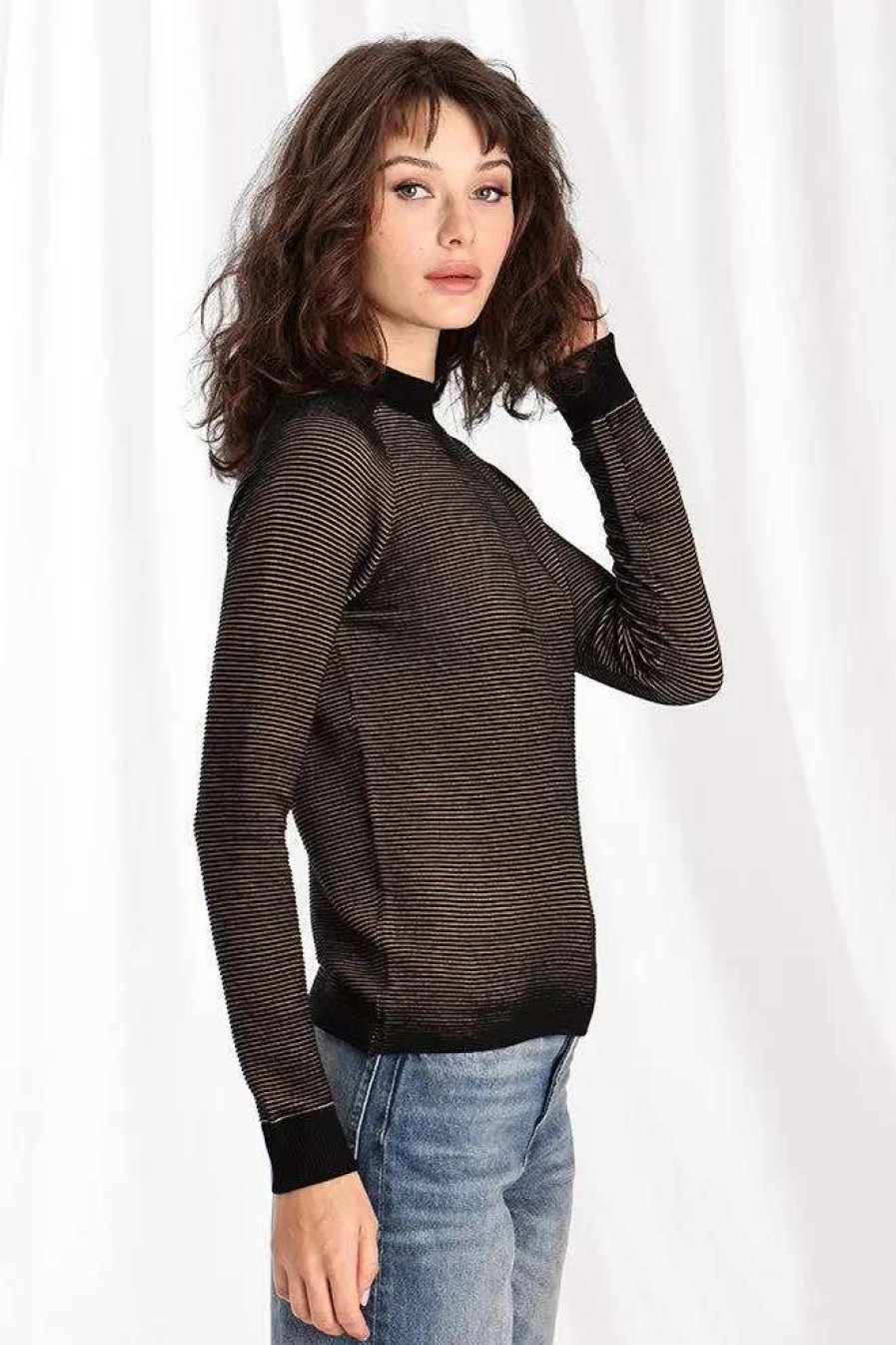 Online Minnie Rose Athena Textured Mock Neck Sweater Black/Camel