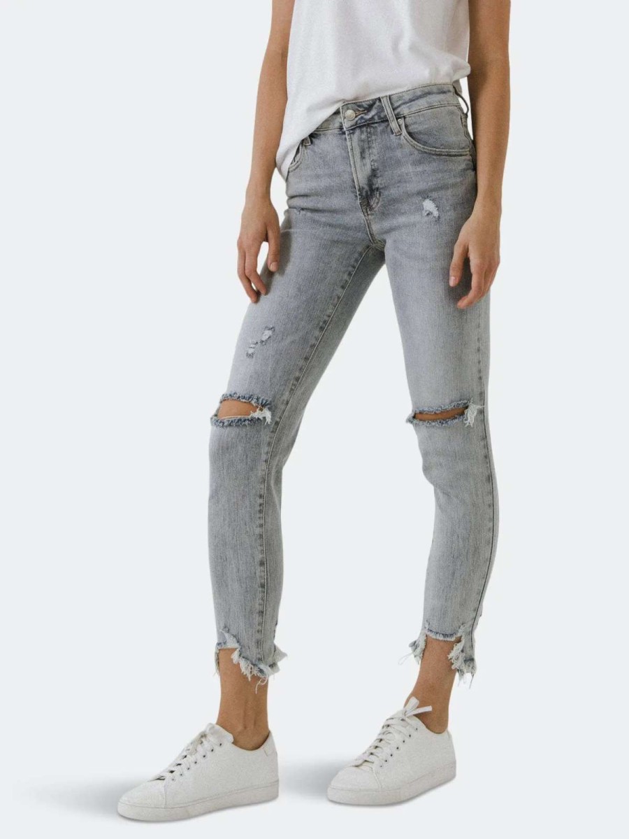 Hot Grey Lab Mid Rise Distressed Ankle Skinny Jeans Light Blue