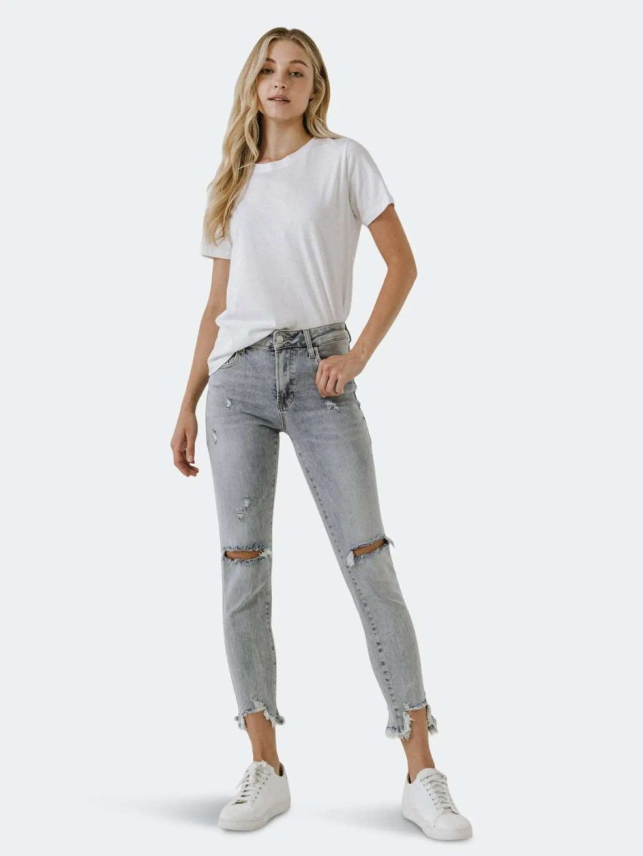 Hot Grey Lab Mid Rise Distressed Ankle Skinny Jeans Light Blue