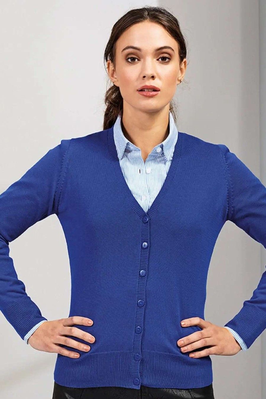 Wholesale Premier Womens/Ladies Button Through Long Sleeve V-Neck Knitted Cardigan Royal