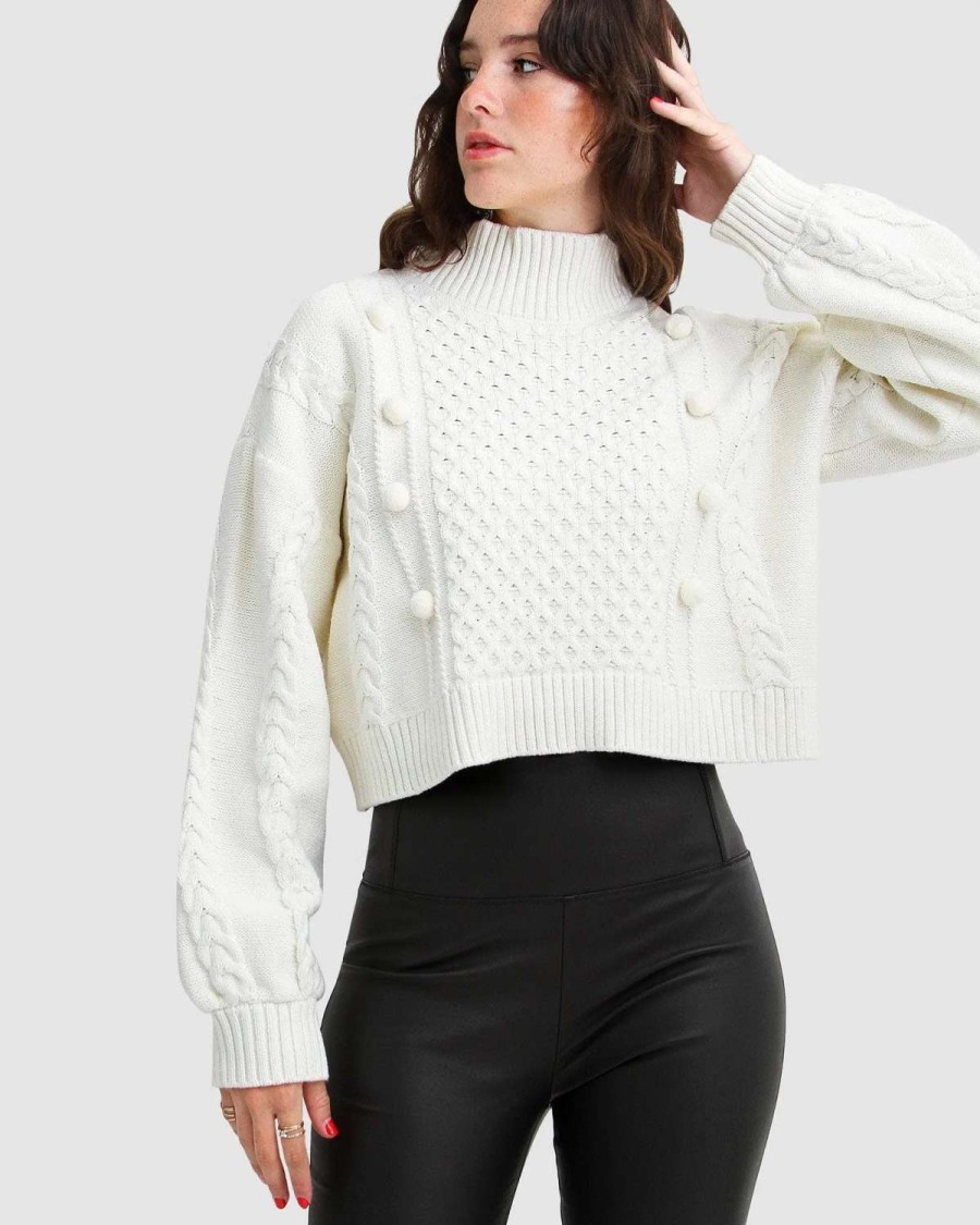 Hot Belle & Bloom Higher Love Cropped Cable Knit Jumper Cream