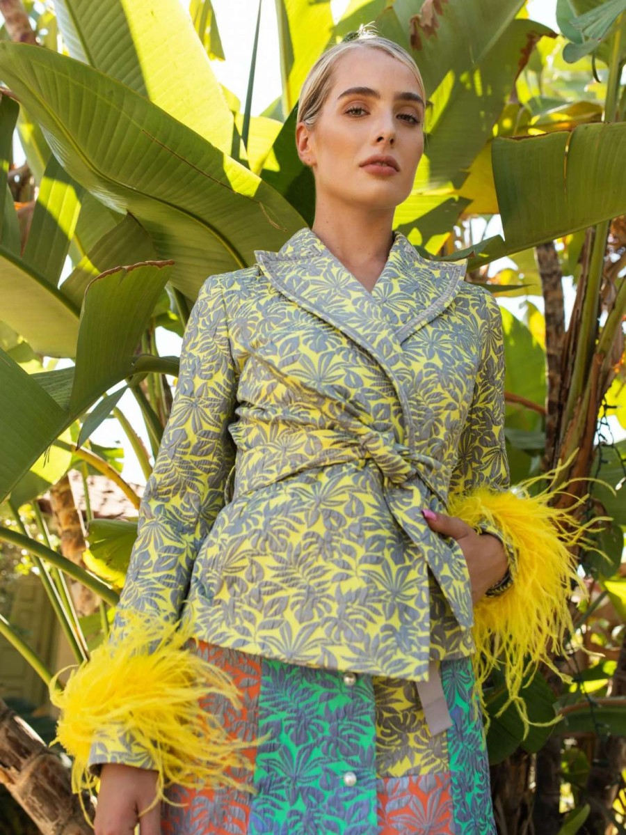 Clearance Andreeva Jacquard Jacket 22 With Detachable Feather Cuffs Yellow