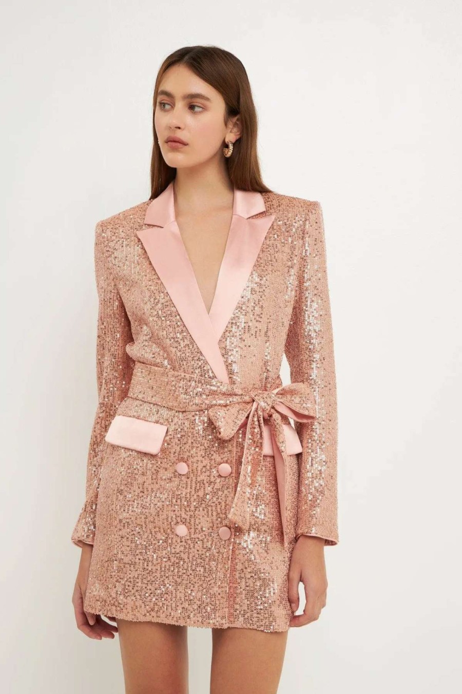 Wholesale Endless Rose Sequins Belted Blazer Rose Gold