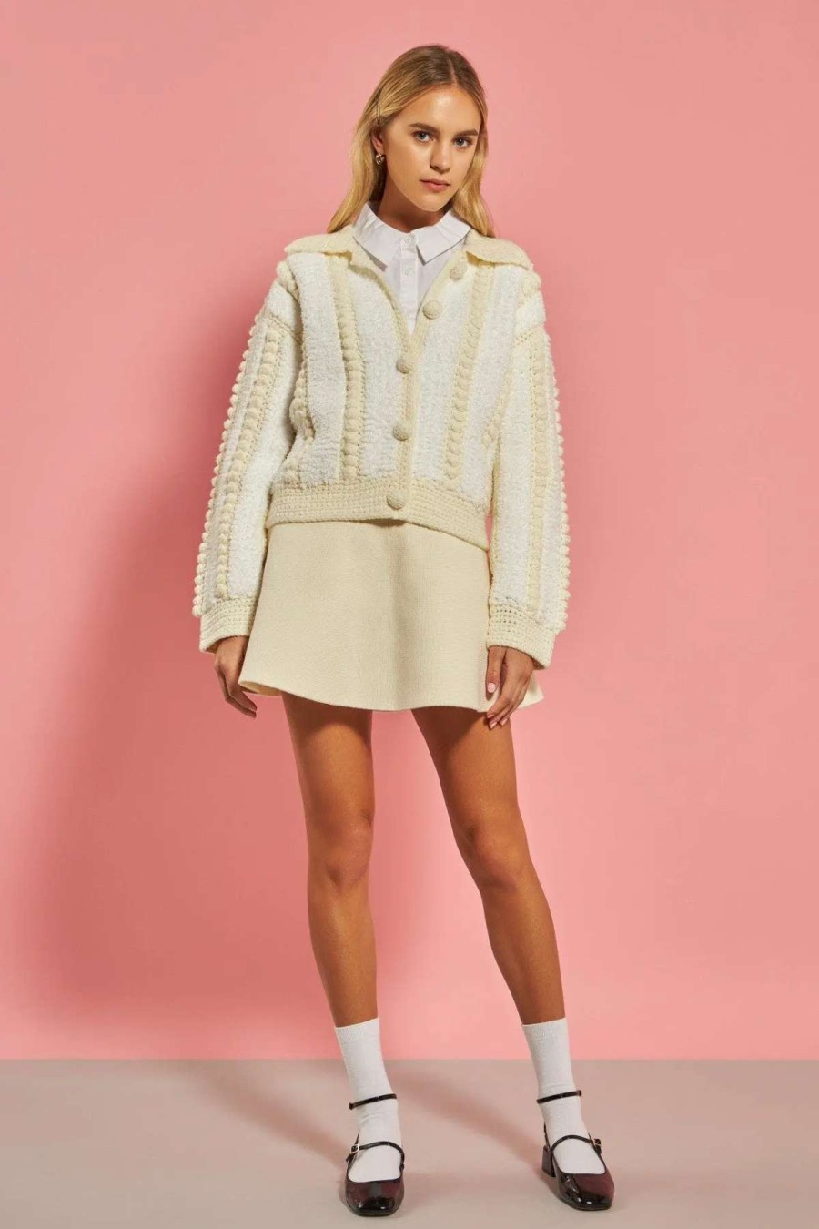 Clearance English Factory Premium Handmade Pom Pom Cardigan Ivory