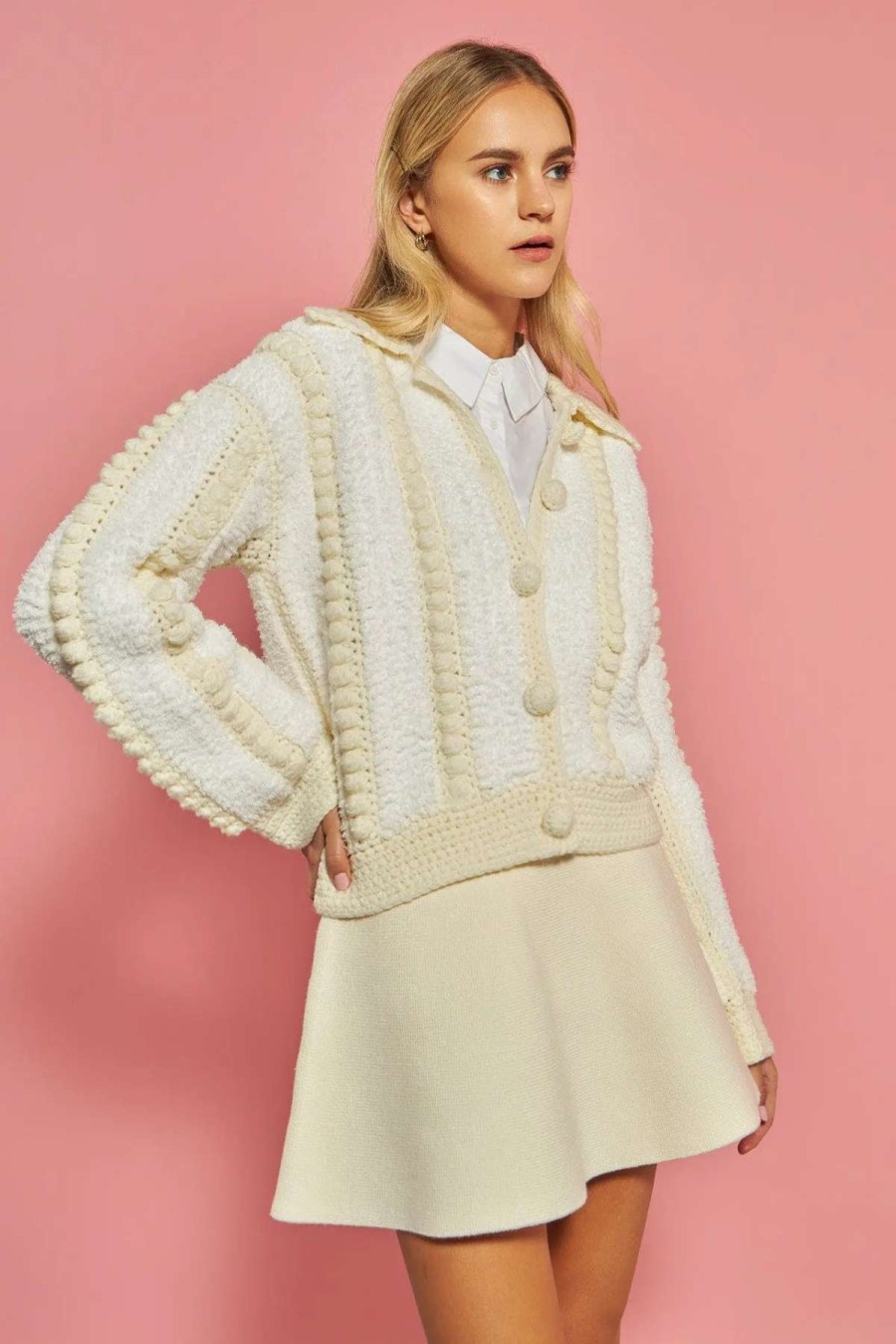 Clearance English Factory Premium Handmade Pom Pom Cardigan Ivory